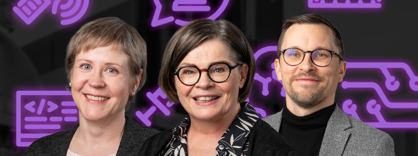Elina Jaakkola, Leena Erälinna ja Oskar Karlström lähikuvassa, taustalla violetteja elementtejä.