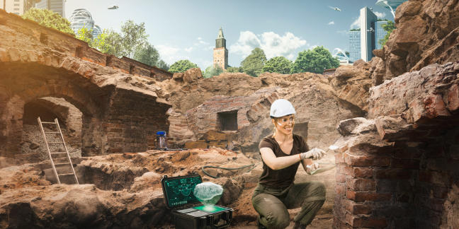 An archaeologist working in an excavation site in future Turku.