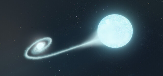 Artist impression of the double star system with a compact white dwarf star accreting matter from a helium-rich donor companion, surrounded by dense and dusty circumstellar material. 
