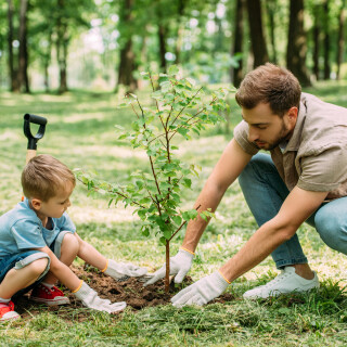 Lapsi ja mies istuttavat puuta