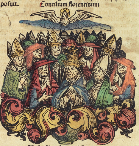 Vuoden 1493 Nurembergin kronikan kuva Ferrara-Firenzen konsiilin osallistujista