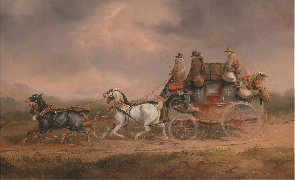 1800-luvun alun postivaunut vauhdissa hevosten vetämänä. Taiteilija Charles Cooper Hendersonin maalaus.