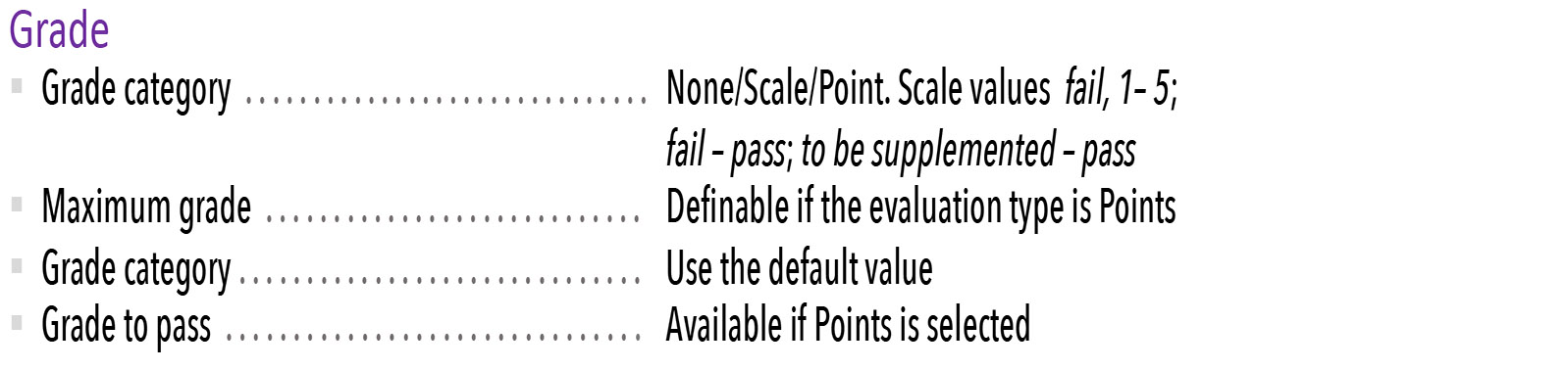 Asetukset:  #Arviointi (vain jos käytät Turnitinia suoritusten arvosana-arviointiin)  #Arviointityyppi: Ei arviointia/Asteikko/Pisteet. Asteikon arvoja mm. hylätty, 1– 5;hylätty – hyväksytty; täydennettävä – hyväksytty   #Maksimiarvosana: Määriteltävissä, jos arviointityyppinä Pisteet  #Arvosanojen kategoria: Käytä oletusarvoa    #Hyväksymistapa: Käytettävissä, jos valittuna Pisteet  