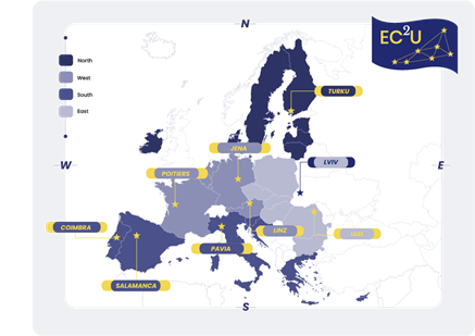Map with the member universities of EC2U.