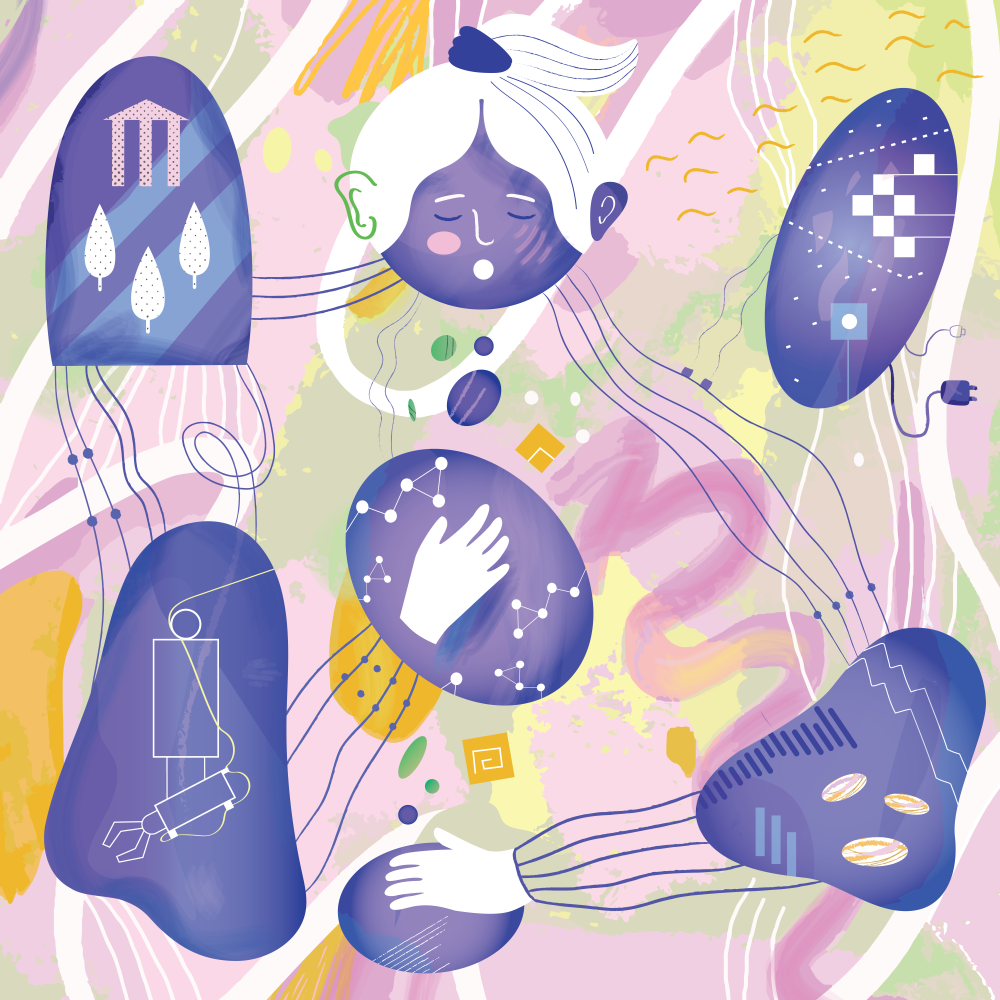 Pastellinvärinen piirroskuva, jossa violetti hahmo puhuu ja hänen ympärillään on erilaisia elementtejä.