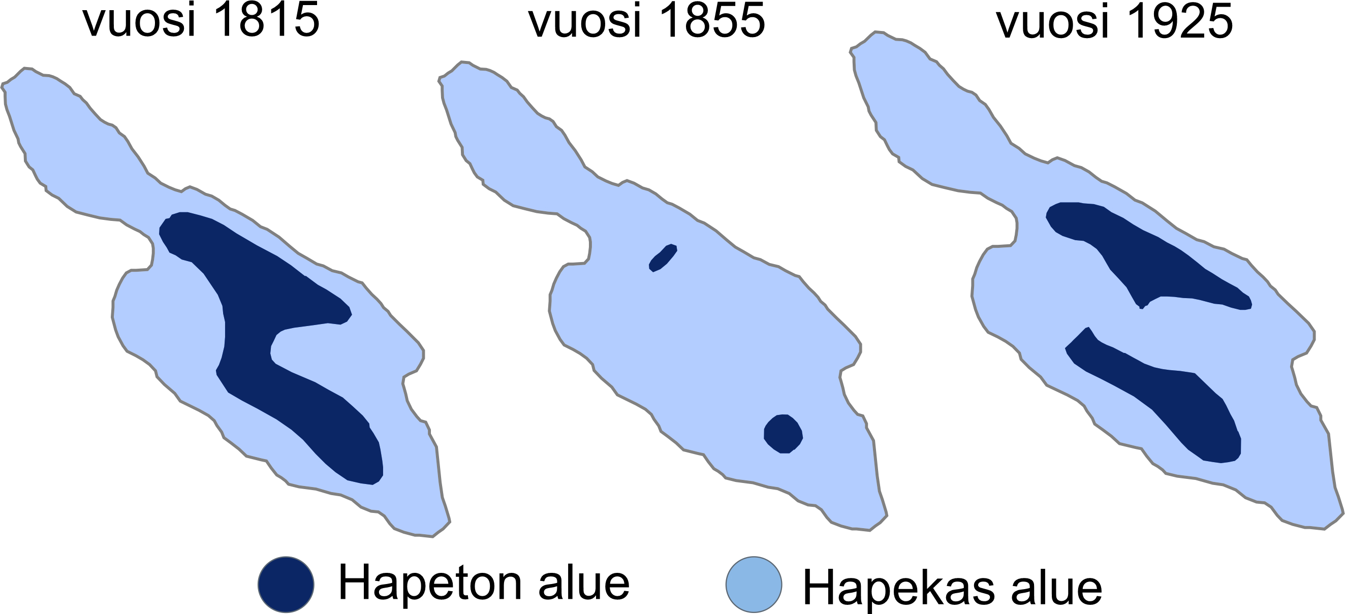 Kuvassa esimerkki järven pohjan hapettomien alueiden laajuudesta vuosina 1815, 1855 ja 1925. 
