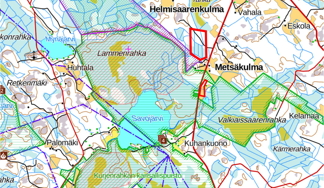 Hankitut kaksi metsäaluetta sijaitsevat lähellä Kurjenrahkan kansallispuistoa. Kansallispuisto on Turusta noin 35 km pohjoiseen. Kartta, jolle alue merkitty: (c) Metsähallitus