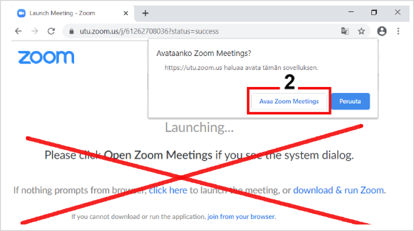 Chrome selaimella kokouksen avaaminen Zoom-sovellukseen tai selaimen ikkunaan