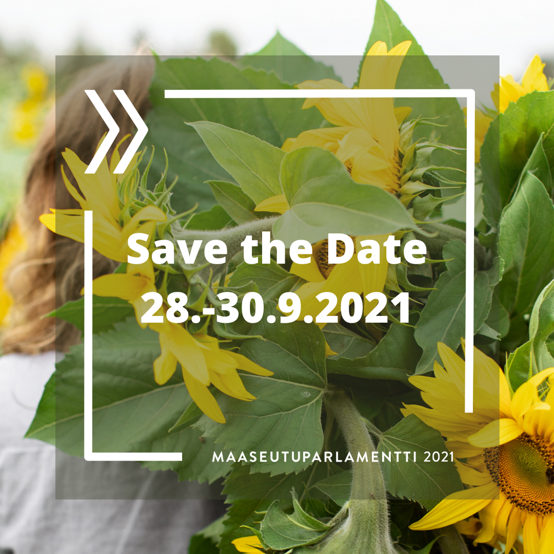 Save the Date 28.-30.9.2021 teksti, auringonkukkia taustalla