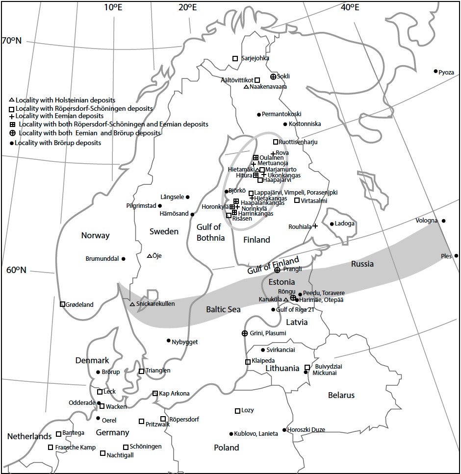 Map showing the localities in NW Europe and Fennoscandia where deposits representing the different warm intervals during the last 420,000 years of Ice Age are preserved.