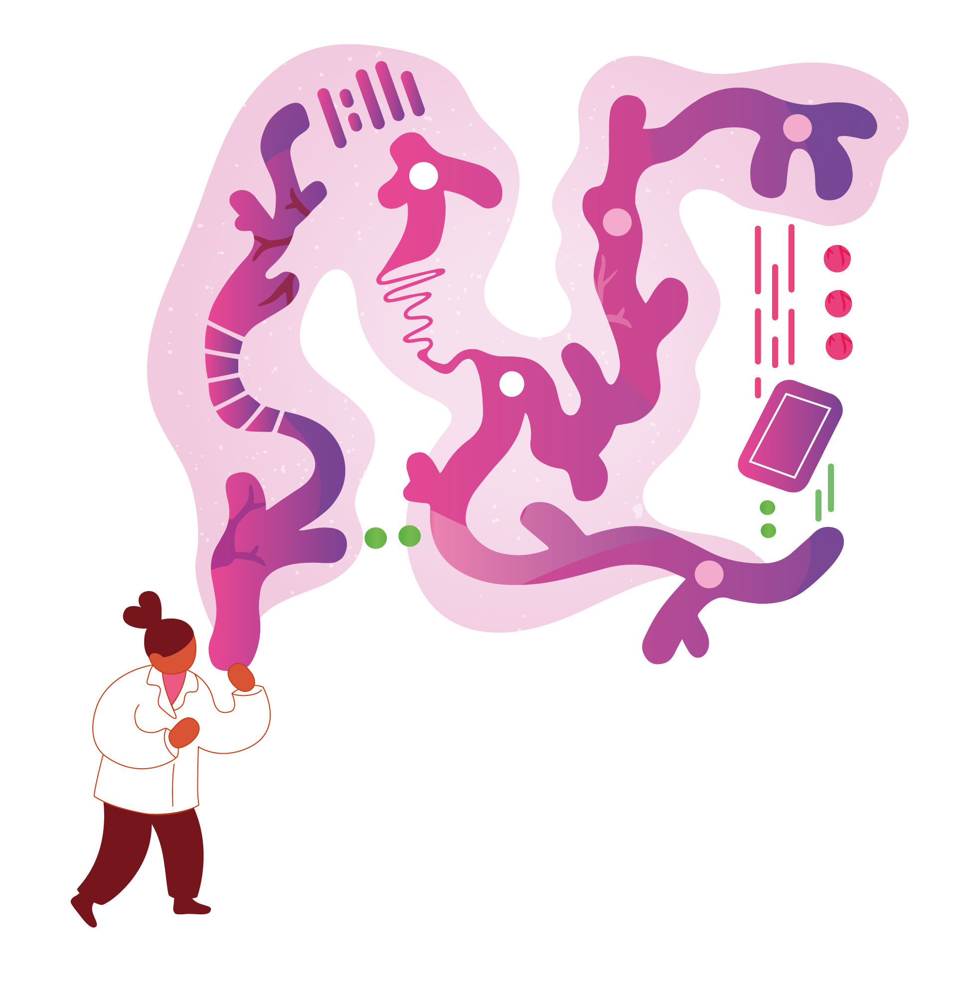 Piirroskuva tutkijahahmosta, jonka kädestä lähtee solumaisia violetteja ja vaaleanpunaisia muotoja, joiden toisessa päässä on älypuhelin.