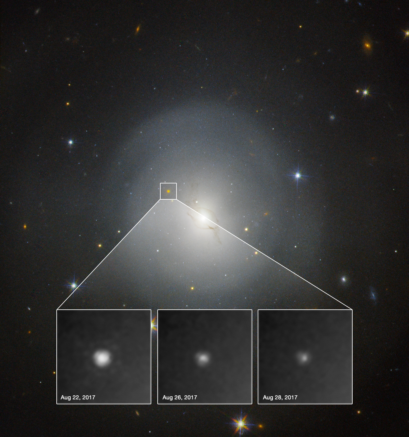 The associated stellar flare, a kilonova, is clearly visible in the Hubble observations. 