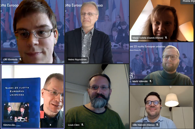 Kirjan julkistamistilaisuuteen videokuvalla zoomissa osallistuneiden kasvoja.