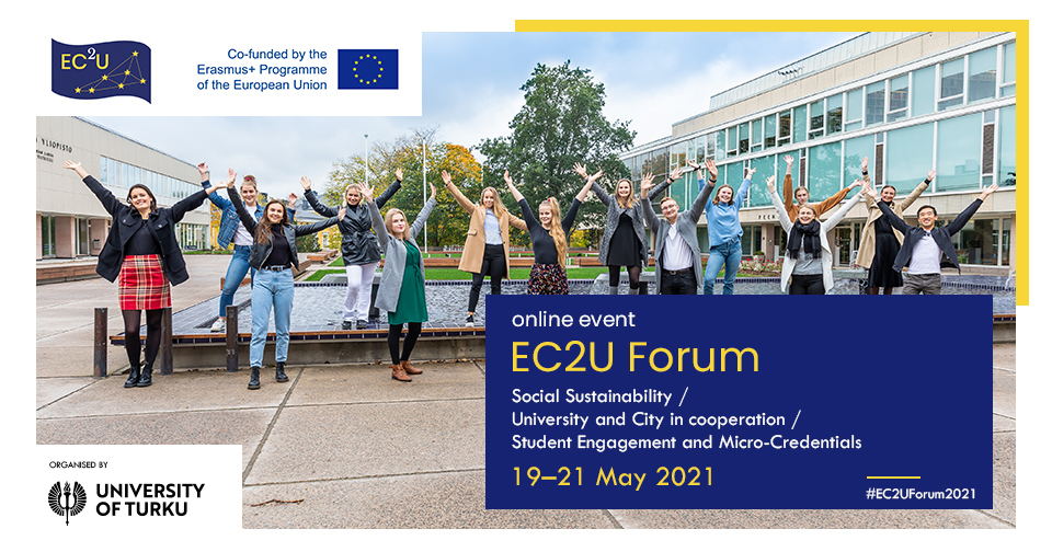 Students jumping in the air and inviting to the EC2U Forum.