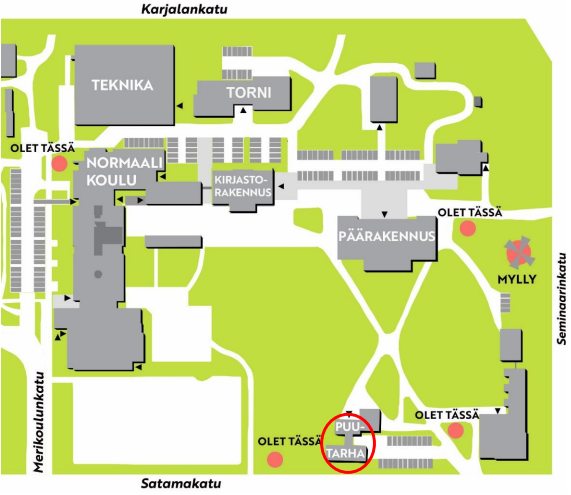 Kartta, joka osoittaa puutarhan sijainnin Raumalla Satamakadun ja Seminaarinkadun risteyksen tuntumassa.