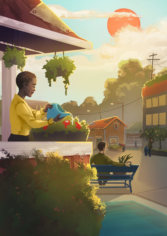 Piirroskuva, jossa henkilö kastelee kasveja parvekkeella vehreässä kaupunkimaisemassa.