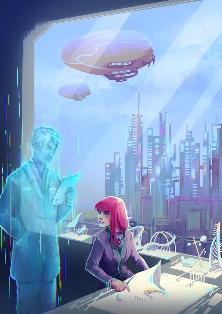 Piirroskuva, jossa kaksi henkilöä juttelevat futuristisessa toimistossa. Toinen näyttää hologrammilta.