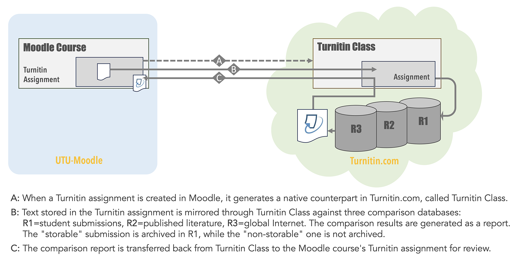 A description of the process by which information is transferred from a Turnitin assignment in a Moodle course to the Class area on Turnitin.com, where it is reflected in the reference databases, and subsequently returns as an assessment report to the Moodle interface.