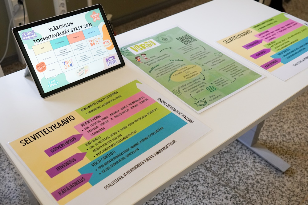 Messupöytä, jossa on erilaisia papereita ja tabletti.