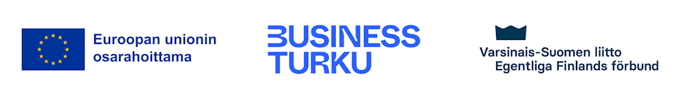 Kolme logoa: Euroopan unionin osarahoittama / Business Turku / Varsinais-Suomen liitto