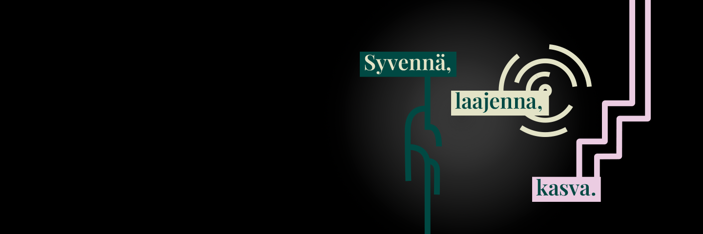 Tummalla taustalla laatikoissa Syvennä, laajenna, kasva -tekstit.