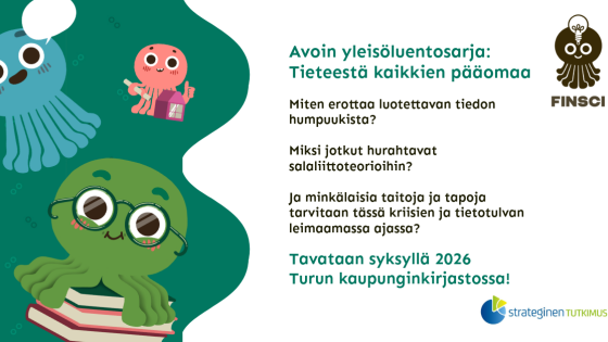 Piirrettyjä mustekaloja: vihreä ja silmälasipäinen kirjapinon päällä, sininen puhekuplan kanssa ja vaaleanpunainen viivoittimen ja talon pienoismallin kanssa.