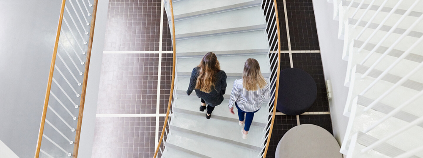 Two university students climning the Feeniks library stairs.