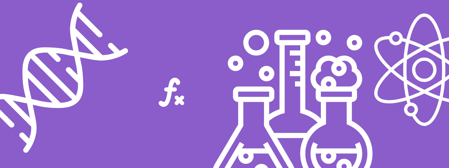 Tiedeaiheisia valkoisia ikoneita violetilla taustalla