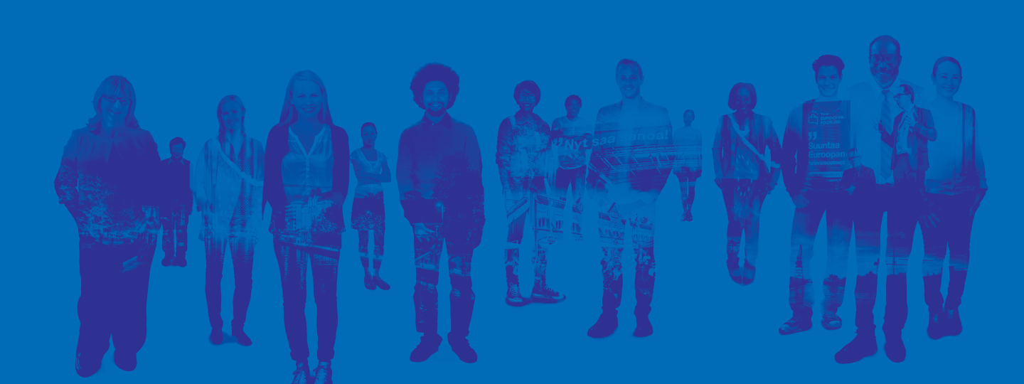 Sinisellä taustalla ihmisten hahmoja.