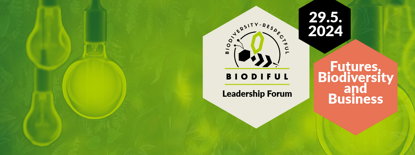 Tapahtuman kuvituskuva, vihreällä taustalla lamppuja ja kuvan päällä tapahtuman logo ja nimi Biodiful leadership forum 29.5.