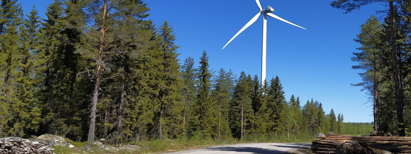 Aukeaa maastoa metsäalueelle rakennetun tuulivoimalan ympärillä