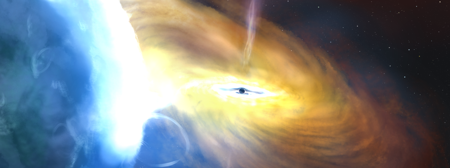 Taiteilijan näkemys Cygnus X-1 -järjestelmästä, jossa keskellä on musta aukko ja sen kumppanitähti kuvassa vasemmalla / An artist’s impression of the Cygnus X-1 system, with the black hole appearing in the center and its companion star on the left