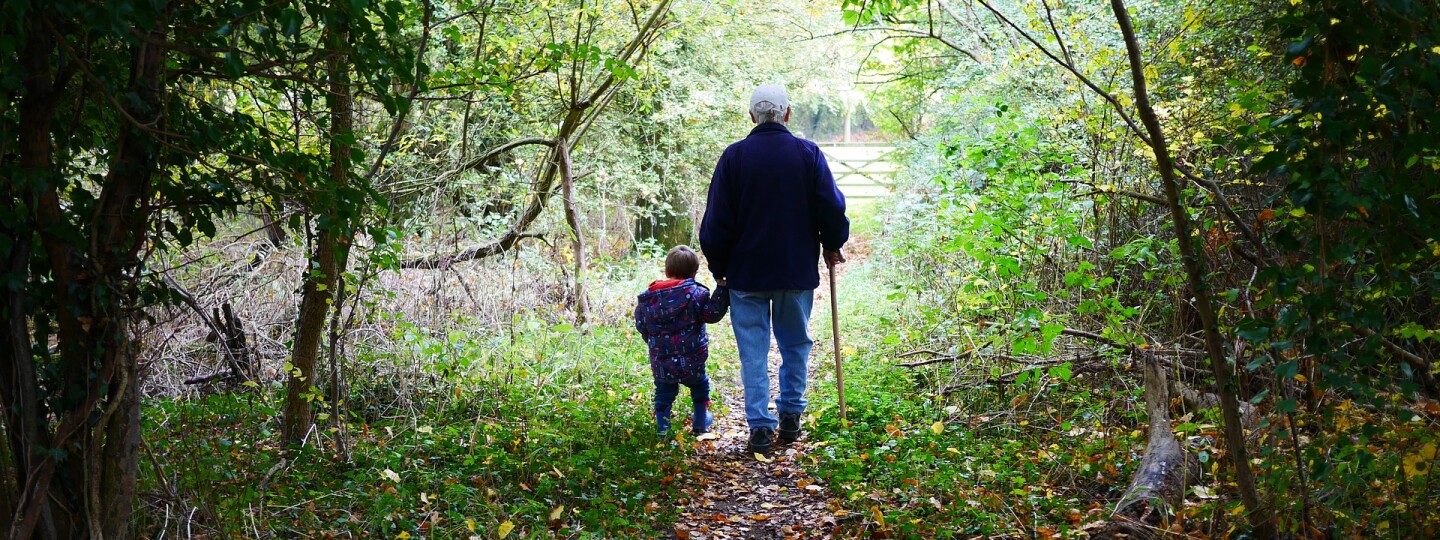 Kuvituskuva, jossa vanhus ja lapsi kävelevät käsikädessä metsäpolulla.