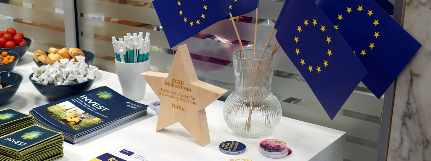 EU flags, a wooden star and some leaflets