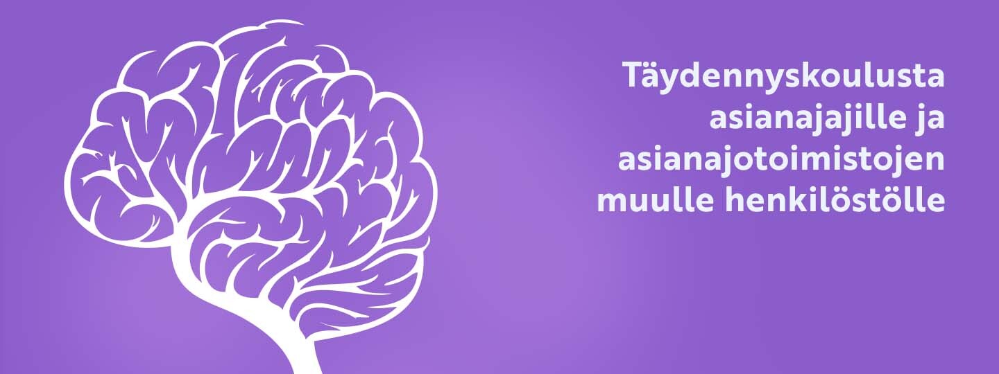 Puu, jonka levästönä aivojen muotoinen kuvio ja teksti Täydennyskoulutusta asianajajille ja asianajotoimistojen muulle henkilöstölle