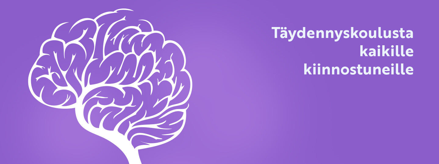 Puu, jonka levästönä aivojen muotoinen kuvio ja teksti Täydennyskoulutusta kaikille kiinnostuneille.