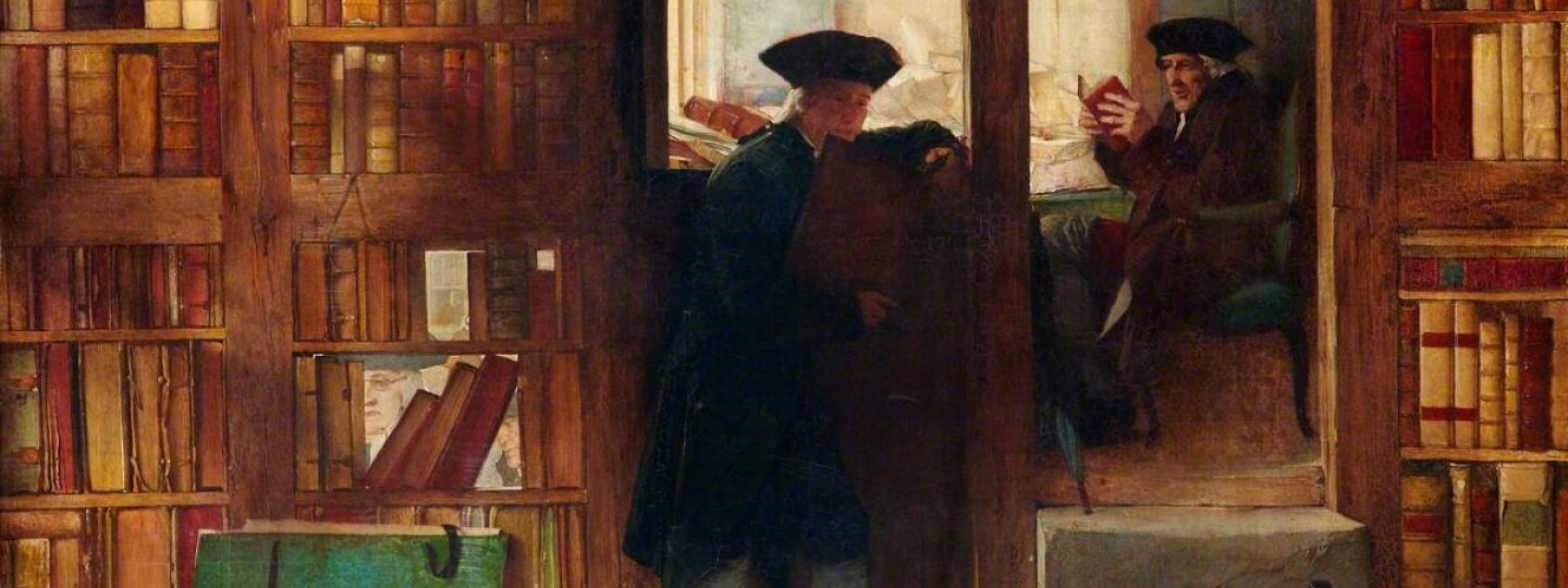 William Fettes Douglasin maalaus The Bibliophilist's Haunt (Creech's Bookshop)