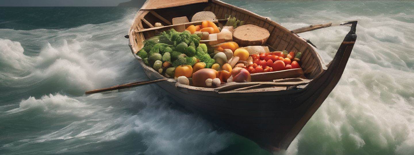 AI generoitu kuva veneestä täynnä ruokaa