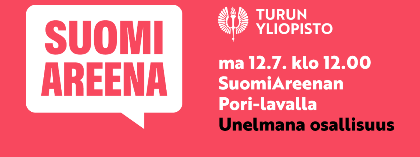 SuomiAreenan logo sekä tieto Turun yliopiston ohjelmasta