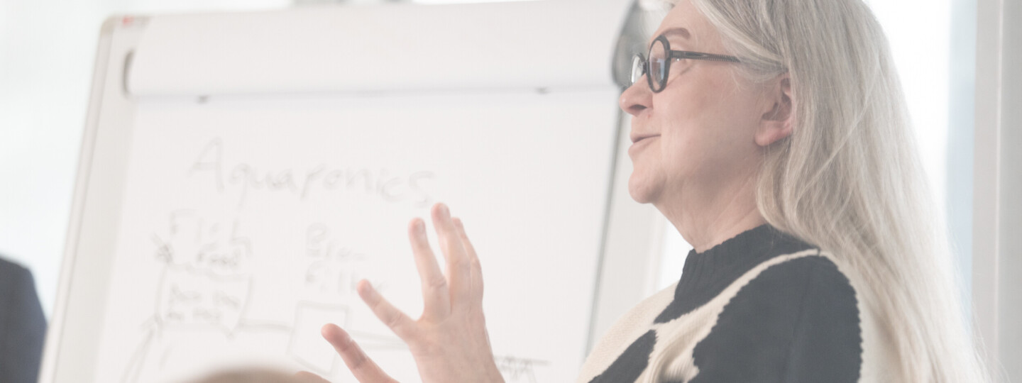 Henkilö pitämässä esitelmää fläppitaulun edessä