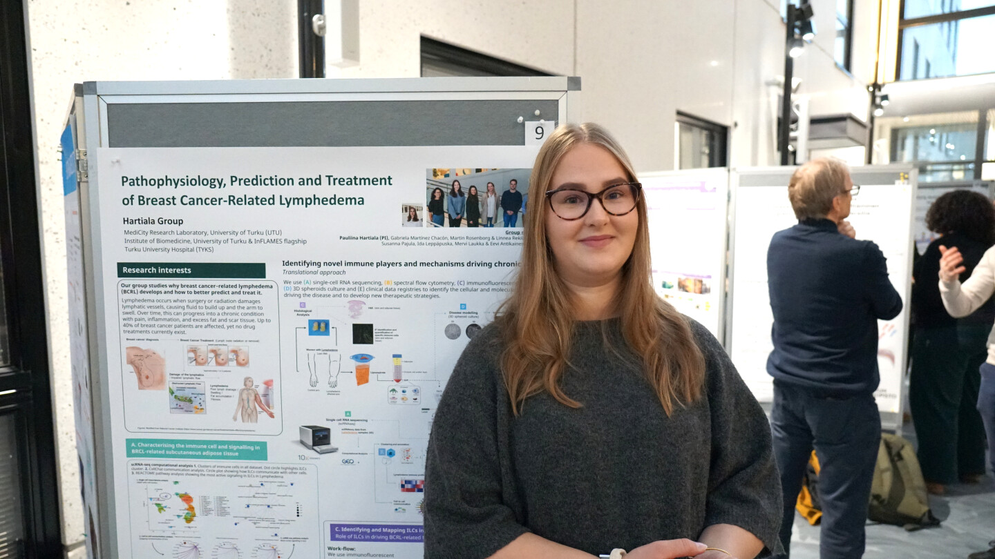 Linnea poseeraa posterin edessä