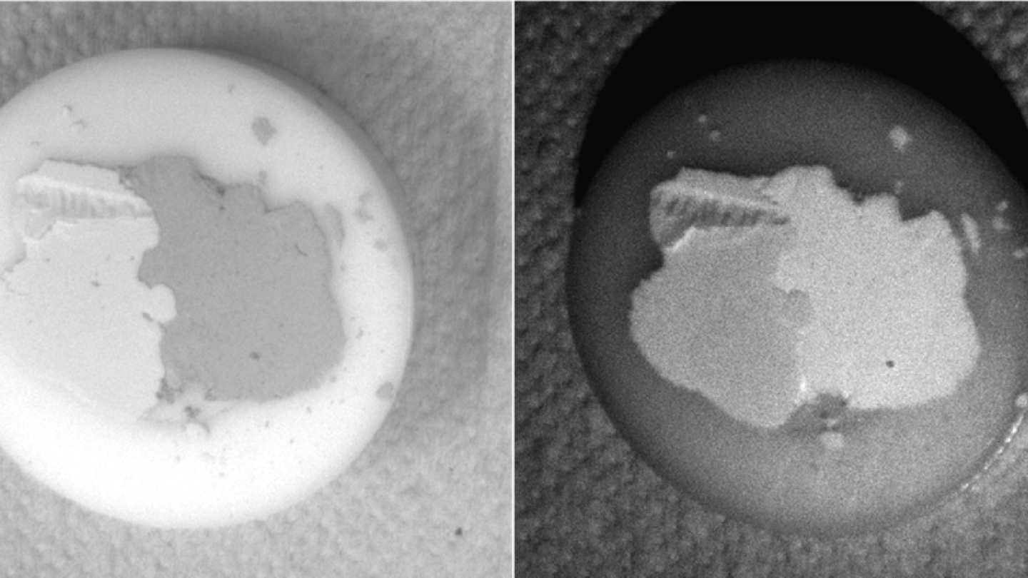 Kaksi vierekkäistä samankaltaista kuvaa, jossa pyöreällä alustalla on vierekkäin pieni määrä davynea ja hackmaniittia. Toinen on vaaleasävyinen ja toinen tummasävyinen, ja materiaalit näkyvät kuvissa erivärisinä.