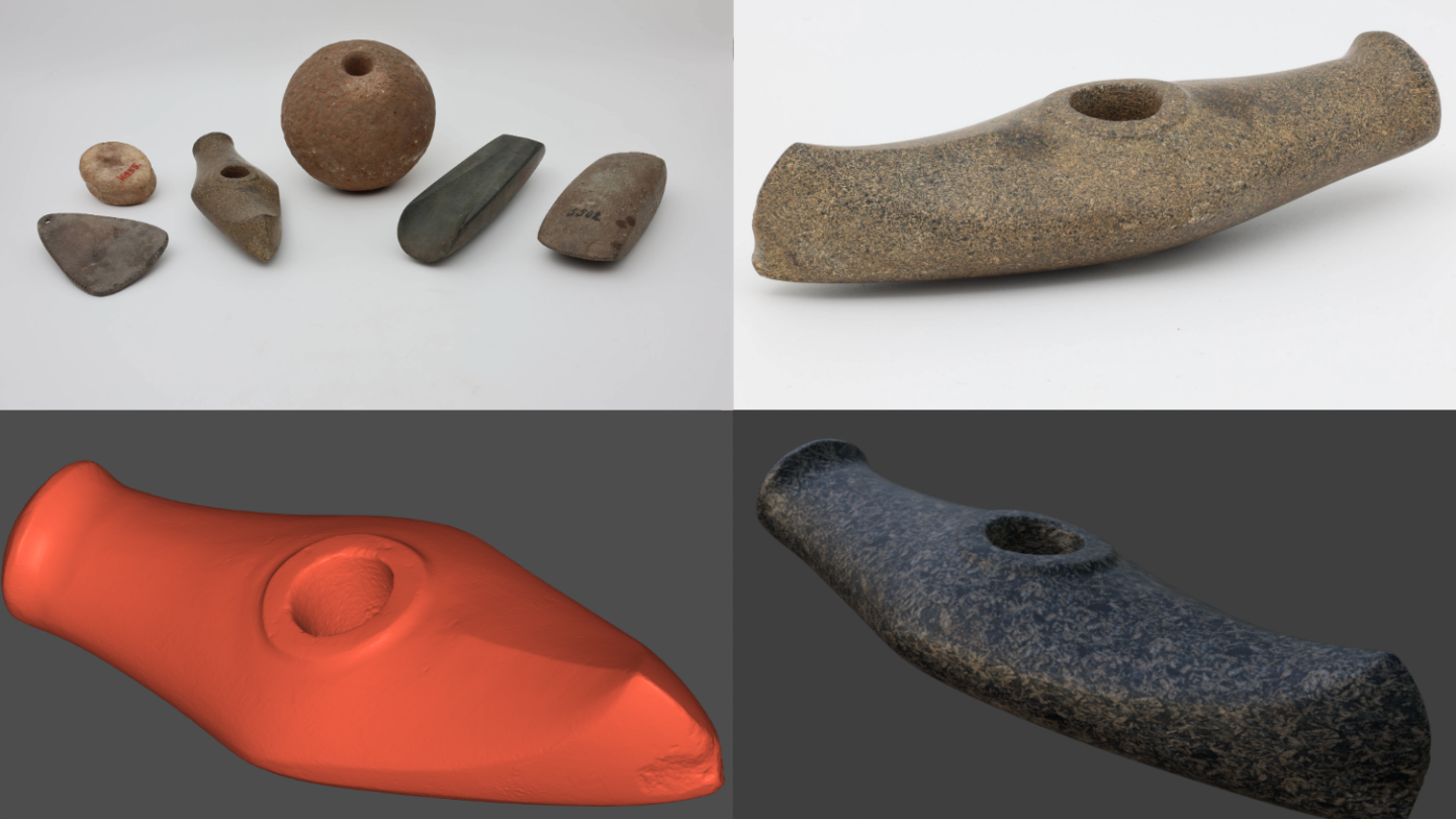 kollaasikuvassa 4 kuvaa. Ylärivillä valokuvat historiallisista museoesineistä, mm. vasarakirveestä. Alarivillä kirveen 3D-skannaus ja mallinnus.