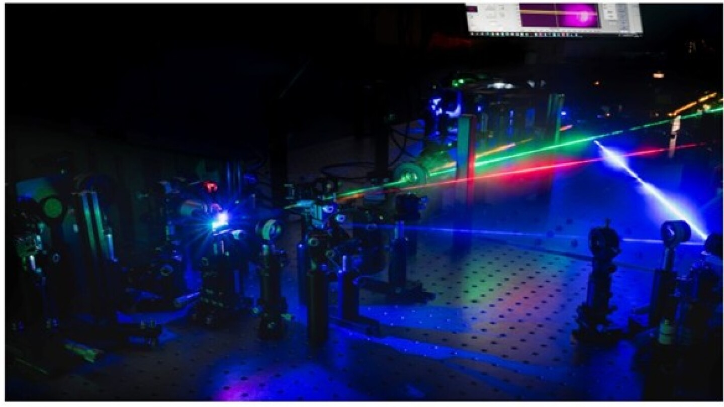 Dark laboratory setting where four different coloured lasers point to different directions, emanating a blue glow.