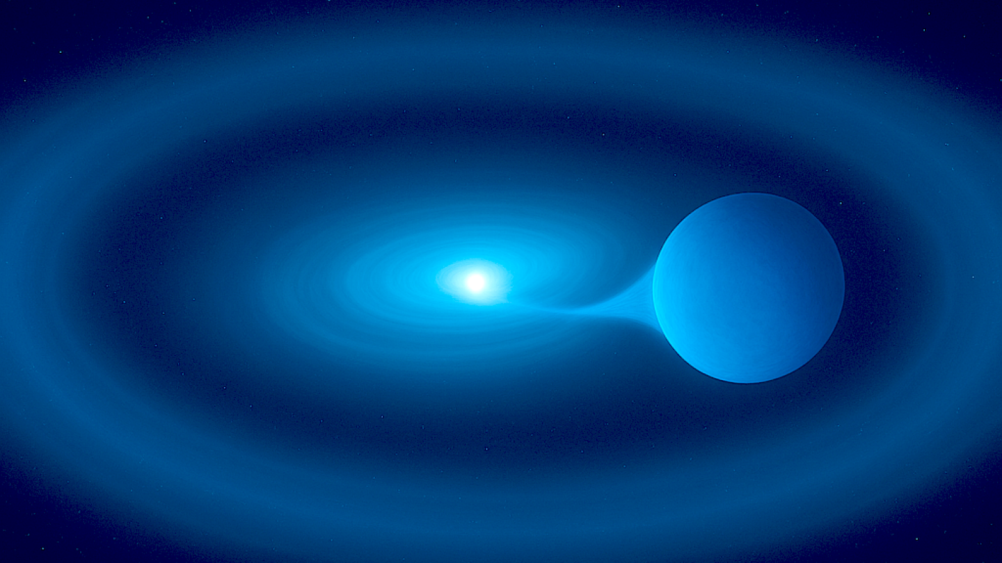 Tekoälyllä laadittu havainnekuva kaksoistähdistä, joista toisesta virtaa materiaa toiseen.