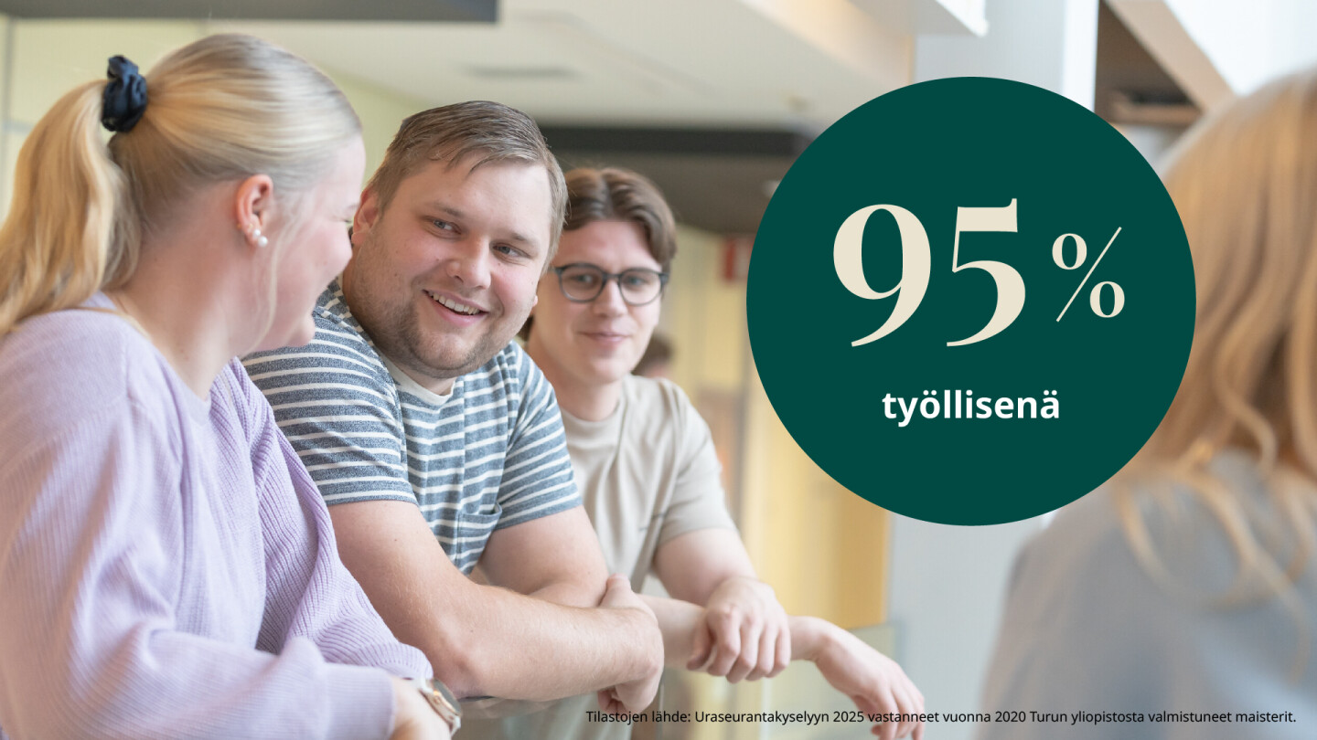 kuvassa hyväntuulisia opiskelijoita ja teksti 95 prosenttia työllisenä
