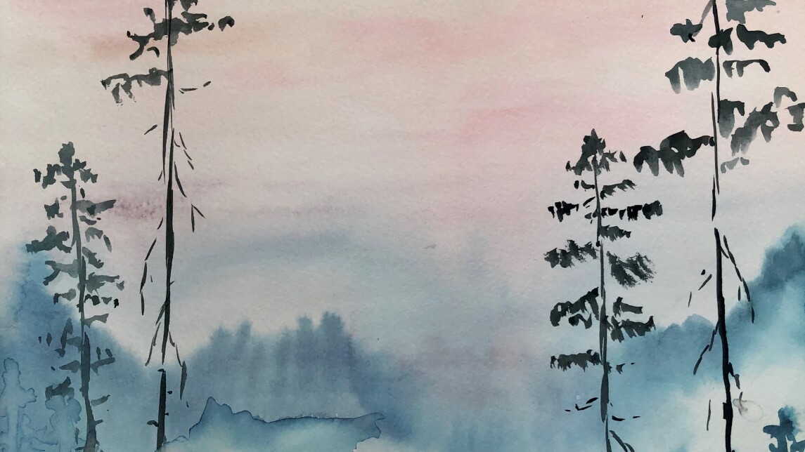 akvarellimaisema, puita