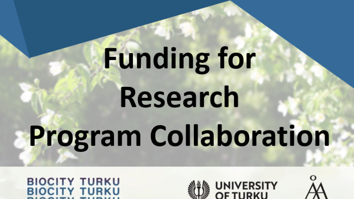 Banner with text "Funding for Research Program Collaboration" and logos of Biocity Turku, University of Turku and Åbo Akademi University.