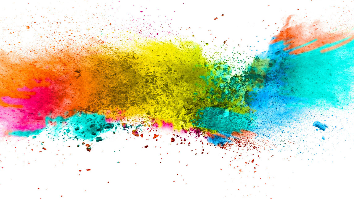 Monivärinen maaliroiske valkoisella pohjalla.