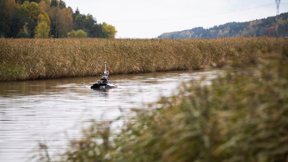 Kuvassa syksyinen rannikkomaisema, ahden kaislikon välissä olevalla kapealla vesialueella lipuu miehittämätön mittausalus, joka kerää havaintotietoa vesistöistä